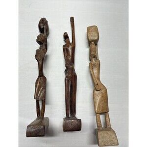 Vintage Set Of 3 African Folk Art Figurines Hand Carved 12 inches tall .